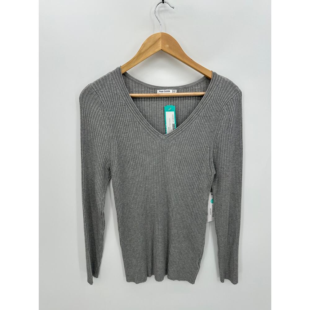 Pink Clover Stitchfix Kenosha Ribbed Gray V Neck Fitted Sweater Women XXL NWT